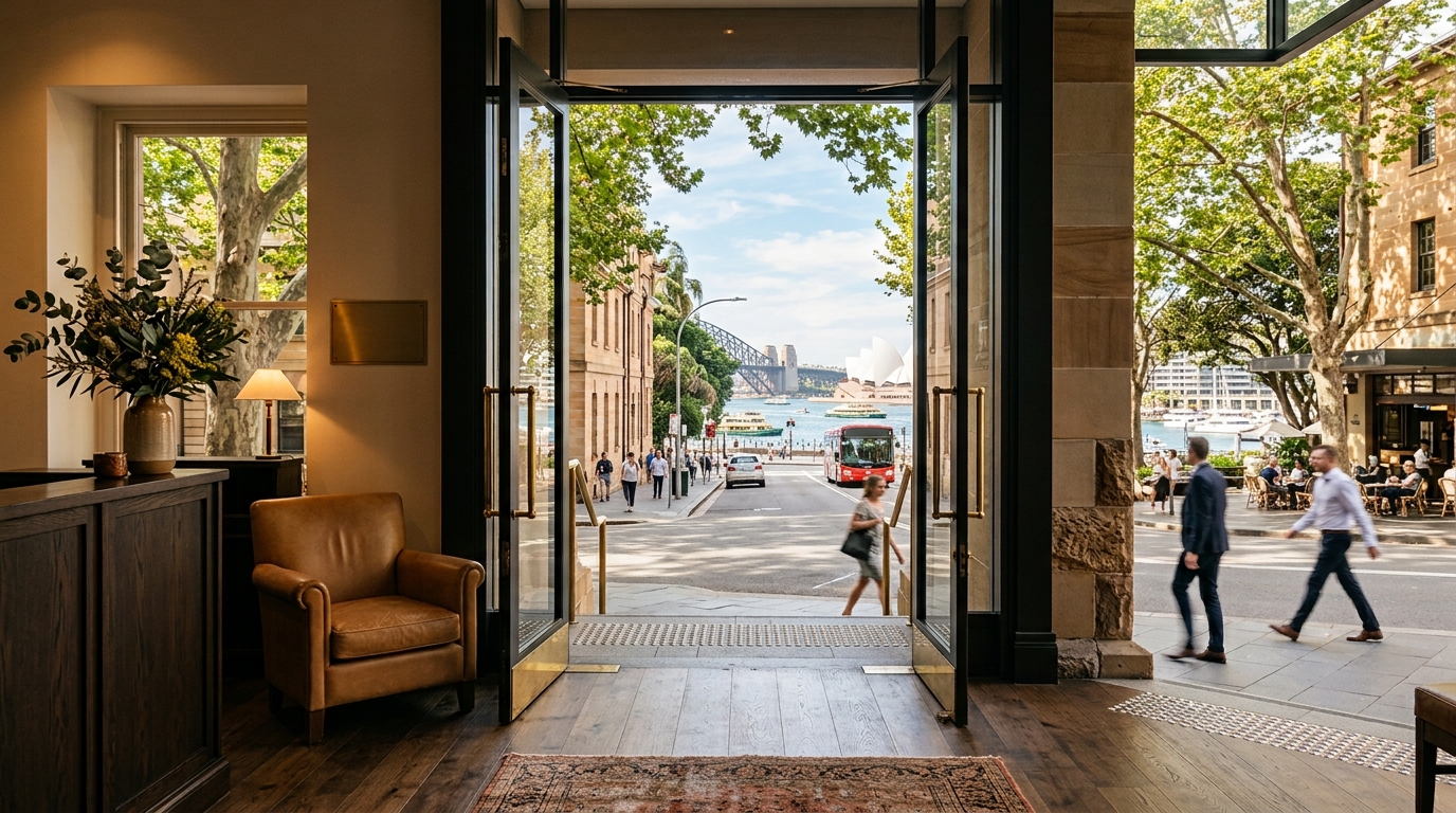 View from the hotel entrance toward Sydney