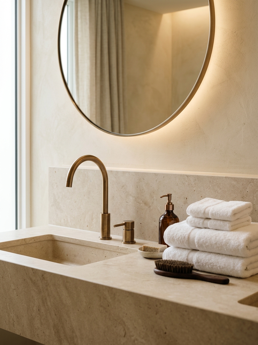 Stone bathroom vanity and warm metal fixtures