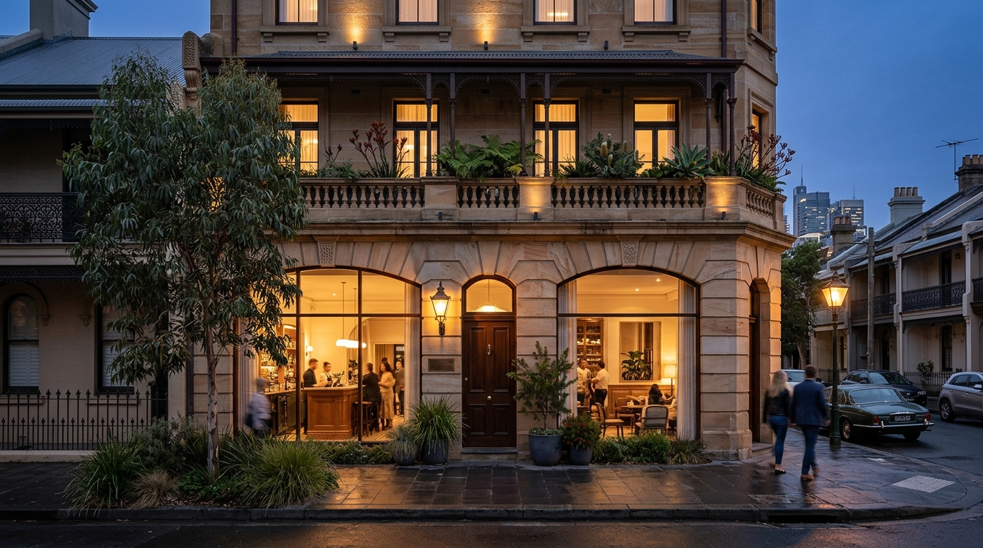 Hotel exterior in the evening