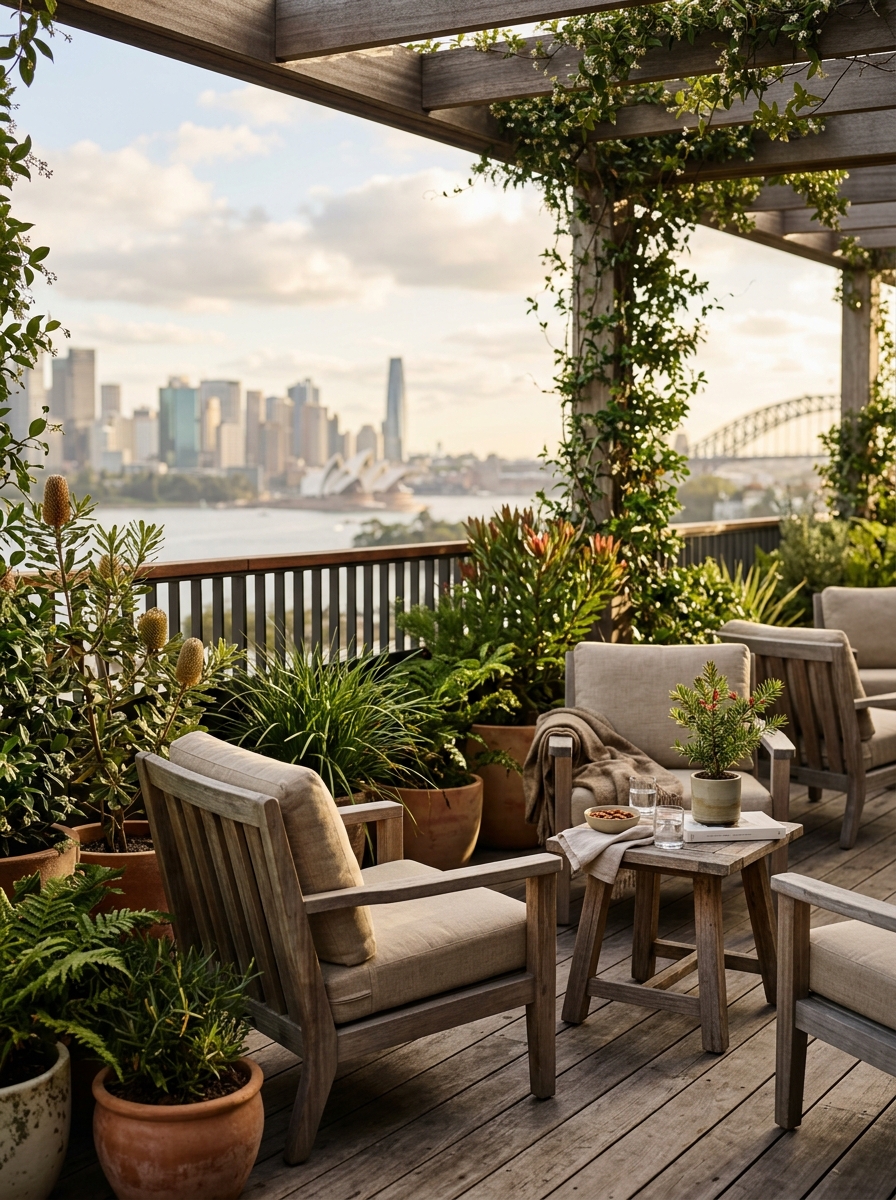 Hotel terrace with native plants