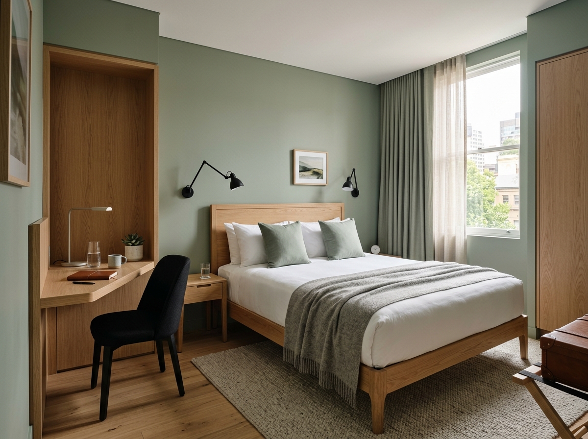 City Queen room with compact desk and natural finishes