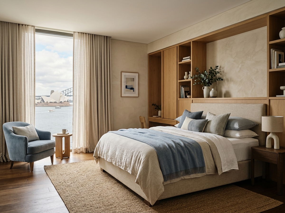 Harbour King room with warm timber and linen finishes