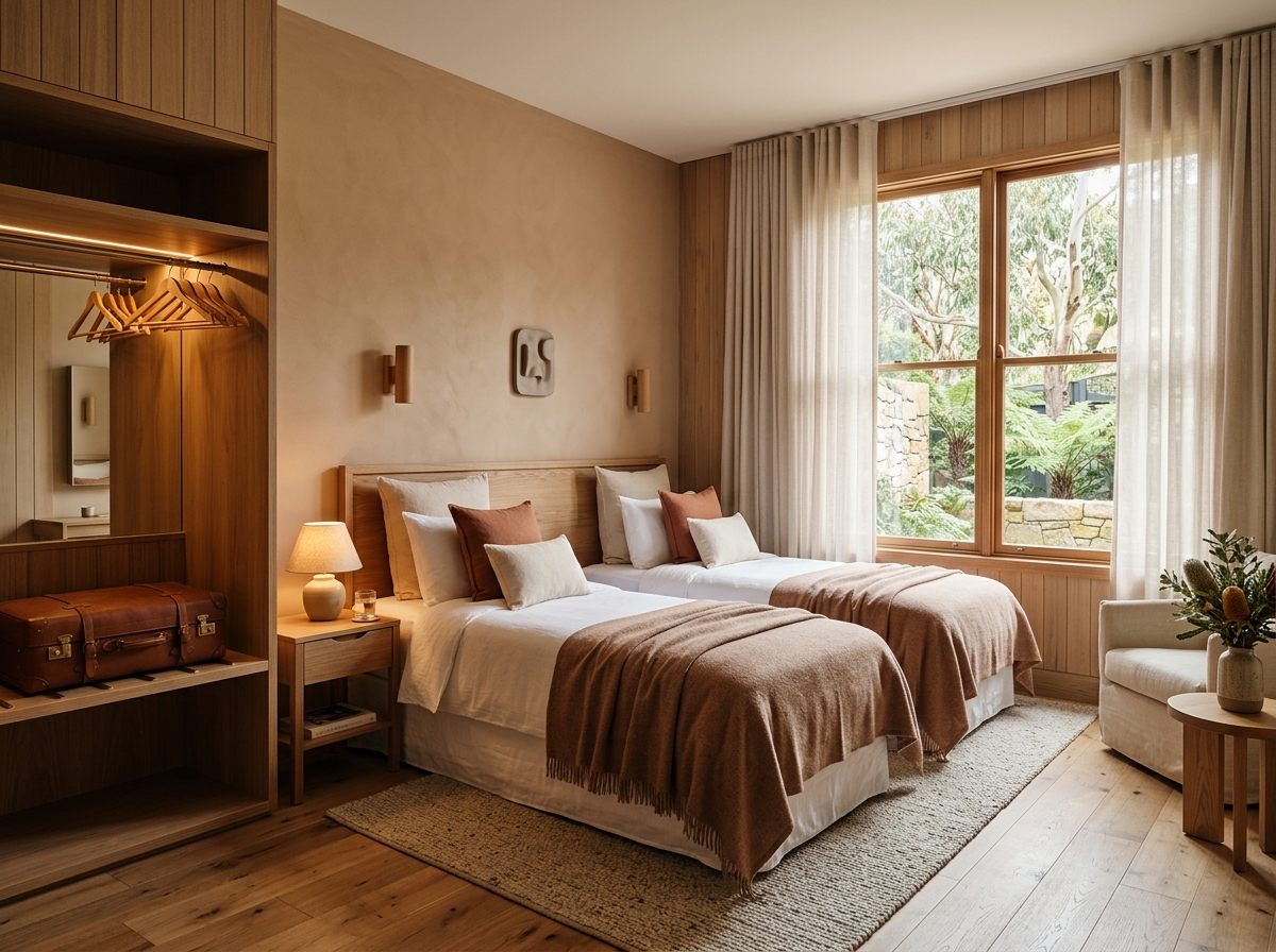 Twin room with two beds and warm natural palette
