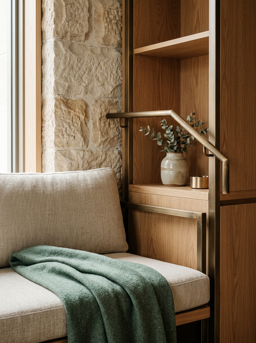 Natural hotel materials including stone, timber and linen